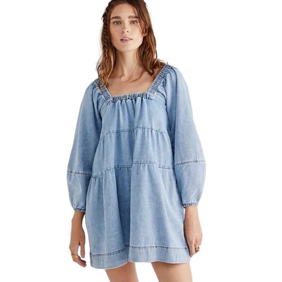 Free People Denim Babydoll Dress Women XS Light Blue Square Neck Balloon Sleeves - Picture 1 of 16